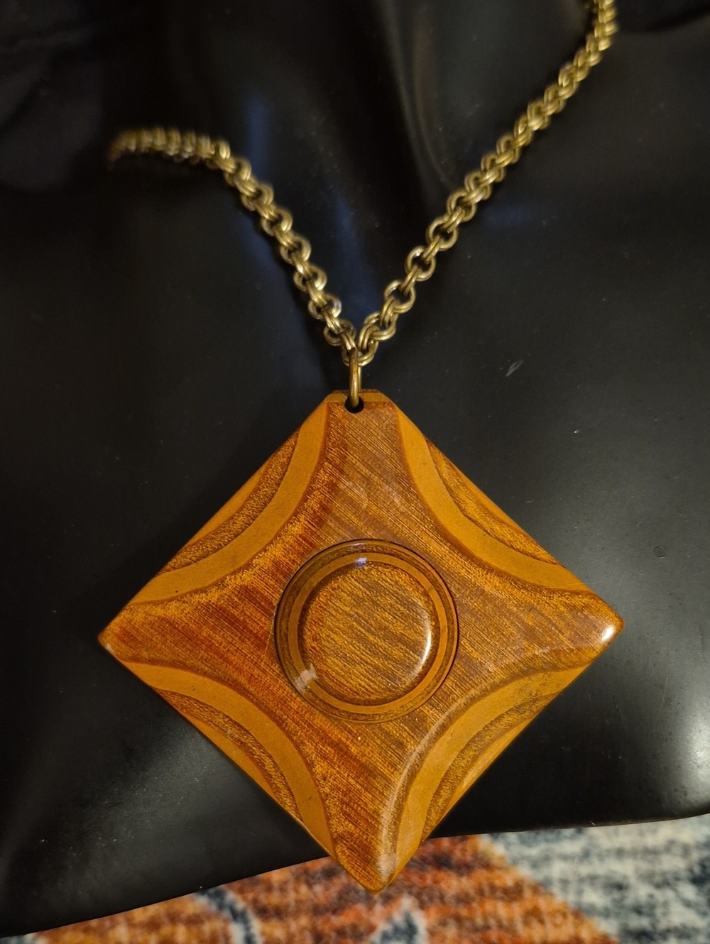 Vintage 1970s Boho Carved Wood Diamond Pendant Mid-Century Geometric Necklace